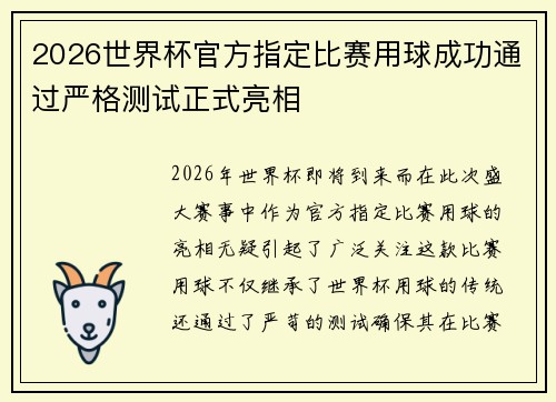 2026世界杯官方指定比赛用球成功通过严格测试正式亮相