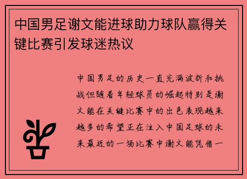 中国男足谢文能进球助力球队赢得关键比赛引发球迷热议